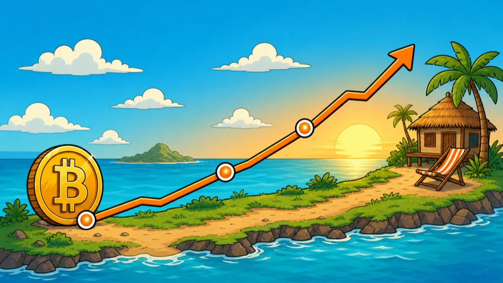 Comic-Diagramm zur Bitcoin-Rentenplanung mit ansteigender Kurve