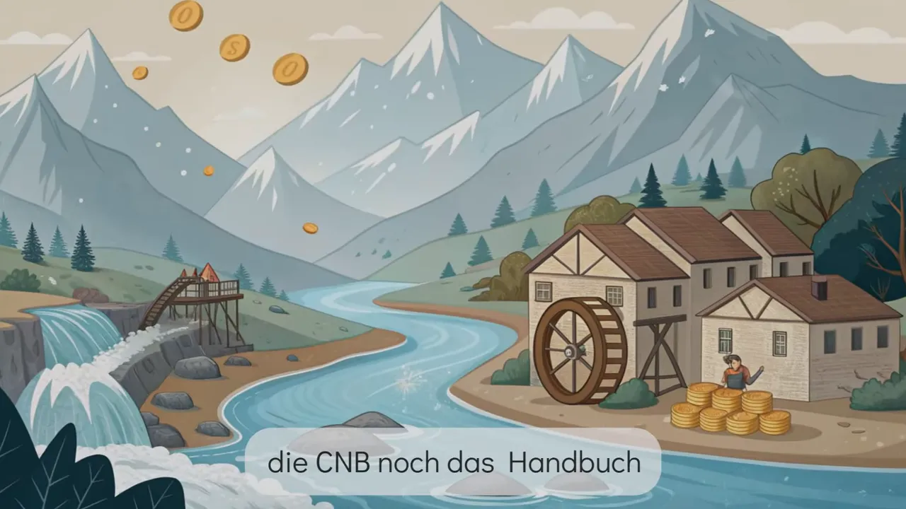 Illustration einer Wasserm&uuml;hle an einem Fluss mit fallenden M&uuml;nzen und Bergen