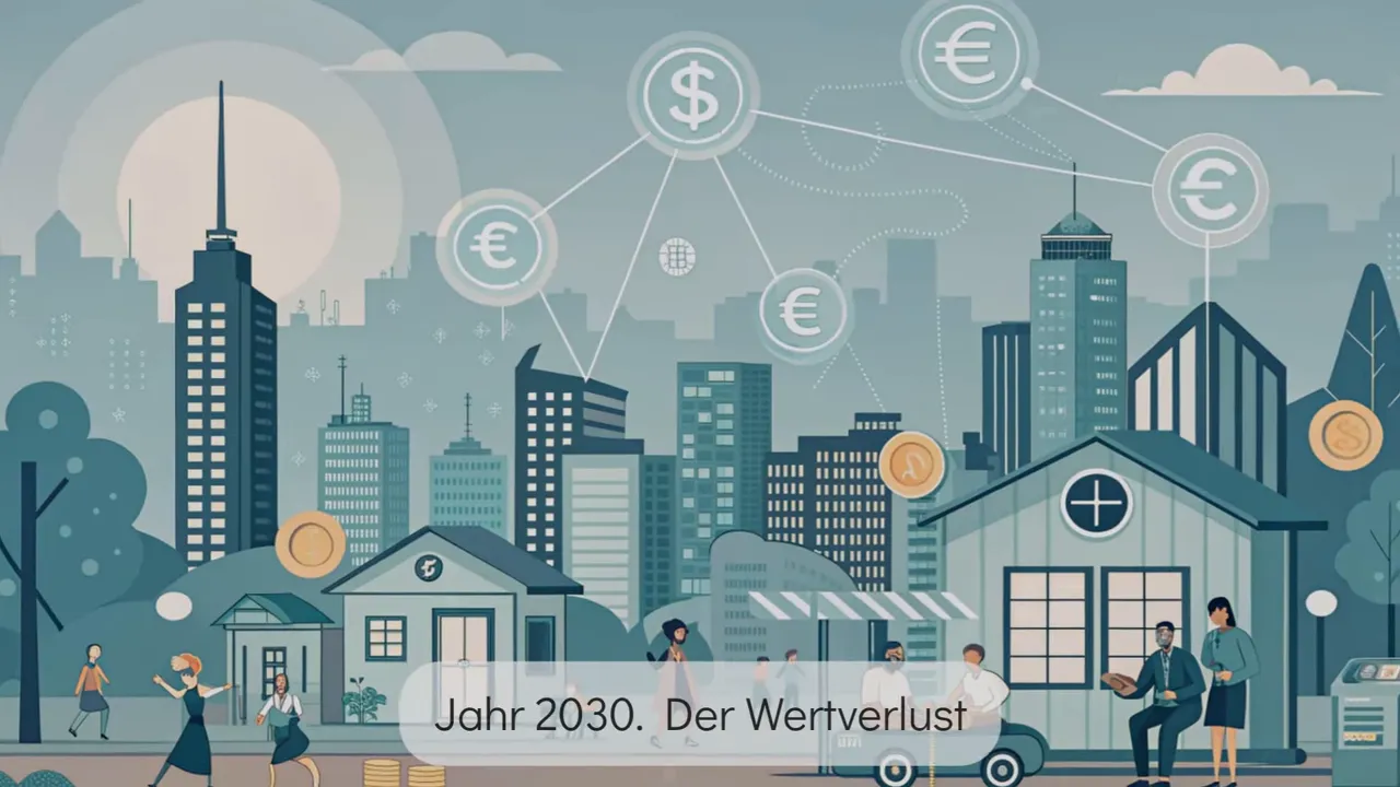 Stadtillustration mit M&uuml;nzen und dem eingeblendeten Text 'Jahr 2030. Der Wertverlust'