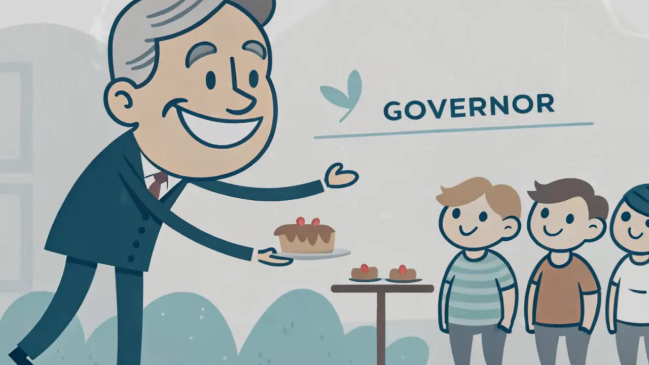 Cartoon-Gouverneur reicht ein St&uuml;ck Kuchen an wartende G&auml;ste, Text 'GOVERNOR' im Hintergrund
