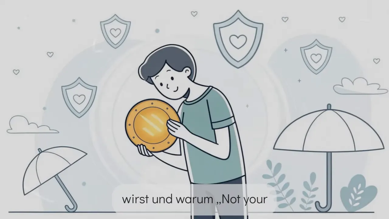 Illustration einer Person, die eine Bitcoin‑M&uuml;nze h&auml;lt, umgeben von Schutzschilden und Regenschirmen als Symbol f&uuml;r Sicherheit