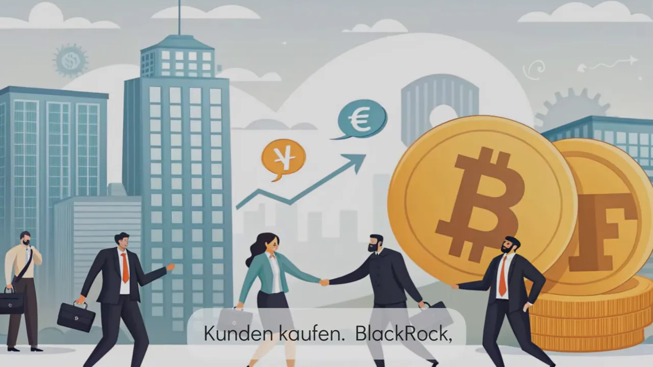 Illustration von Gesch&auml;ftspersonen, die sich vor Hochh&auml;usern die Hand geben; gro&szlig;e Bitcoin‑M&uuml;nzen im Hintergrund (Untertitel sichtbar)