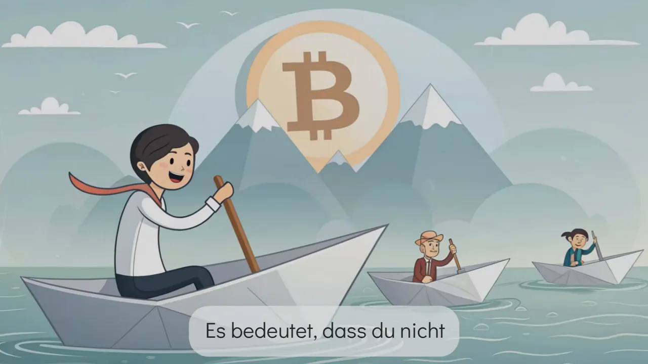 Klare Illustration: Menschen in Papierbooten mit gro&szlig;em Bitcoin‑Symbol am Horizont, helle Farben