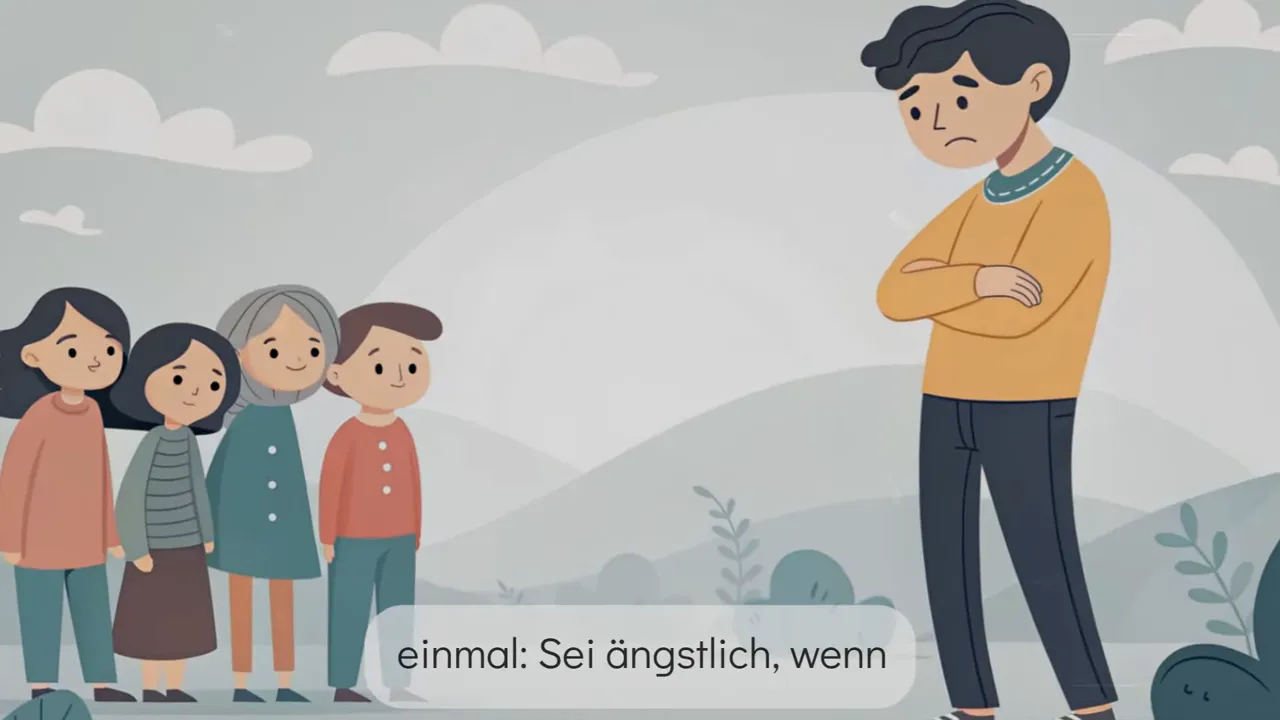 Cartoon: ein besorgter Mann steht mit verschr&auml;nkten Armen einer Gruppe gegen&uuml;ber; symbolisiert Marktangst