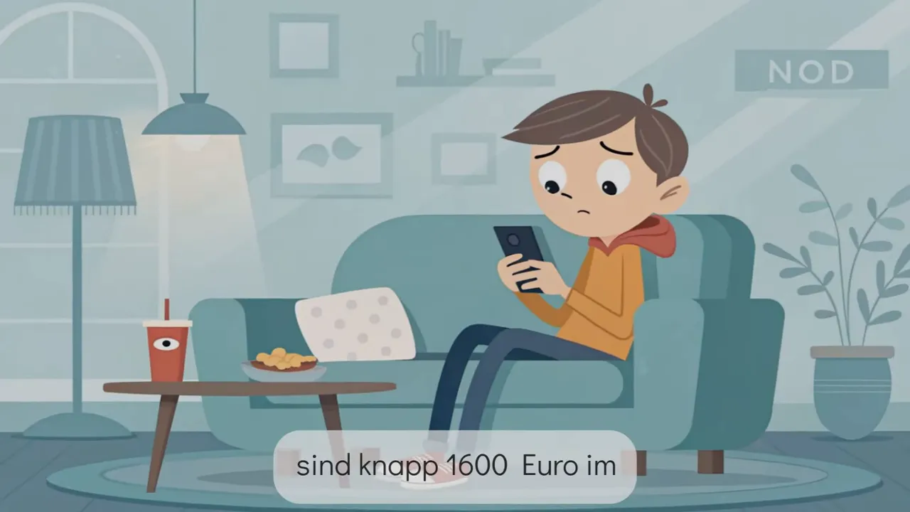 Sofa-Szene mit Fastfood-Teller und Getr&auml;nk, Person schaut aufs Smartphone