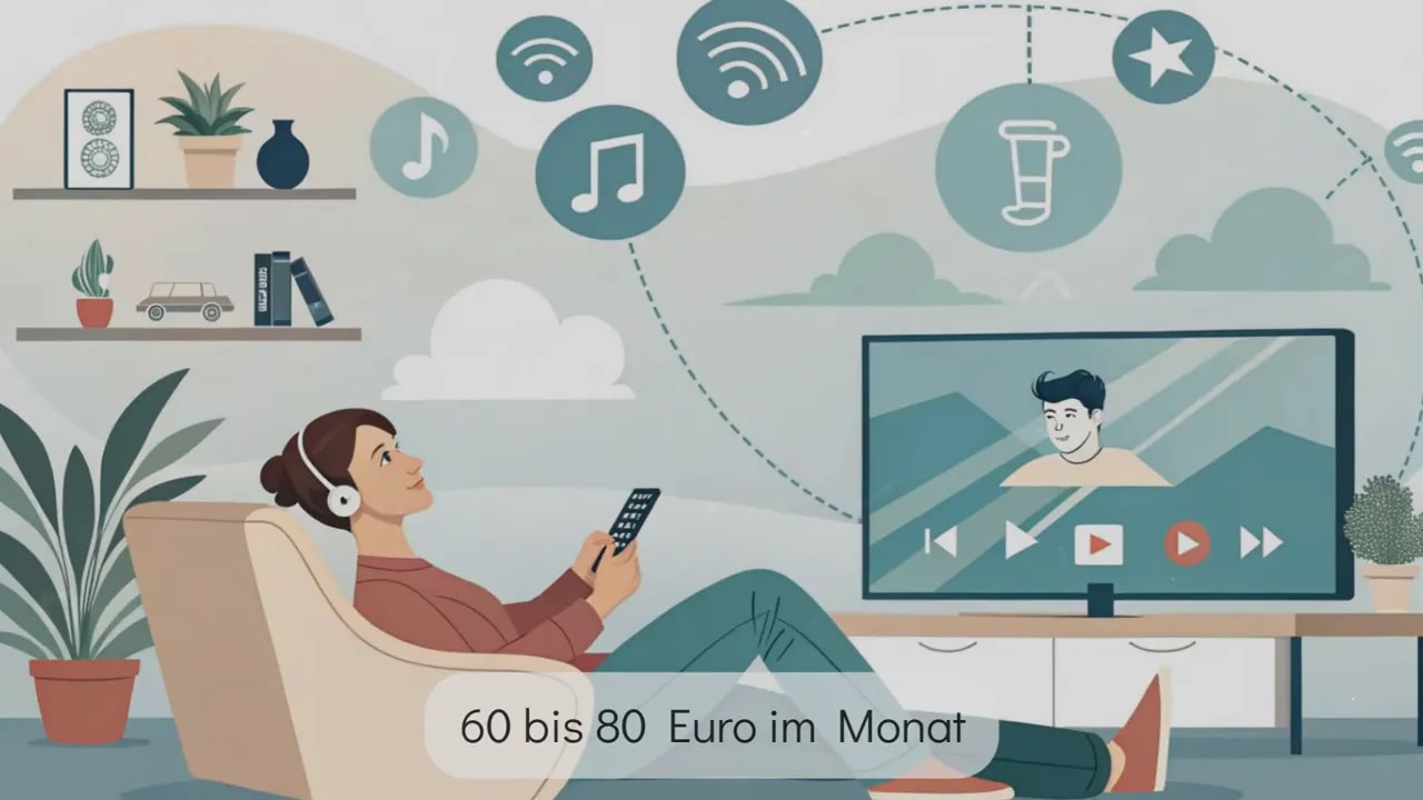 Illustration: Person entspannt vor dem Fernseher mit Kopfh&ouml;rern und Fernbedienung; eingeblendeter Text '60 bis 80 Euro im Monat'