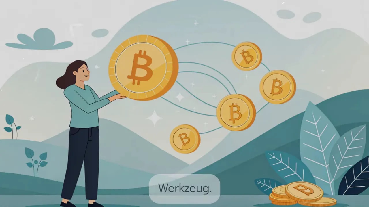 Illustration: Person hält große Bitcoin‑Münze; eingeblendete Sprechblase mit dem Wort „Werkzeug“