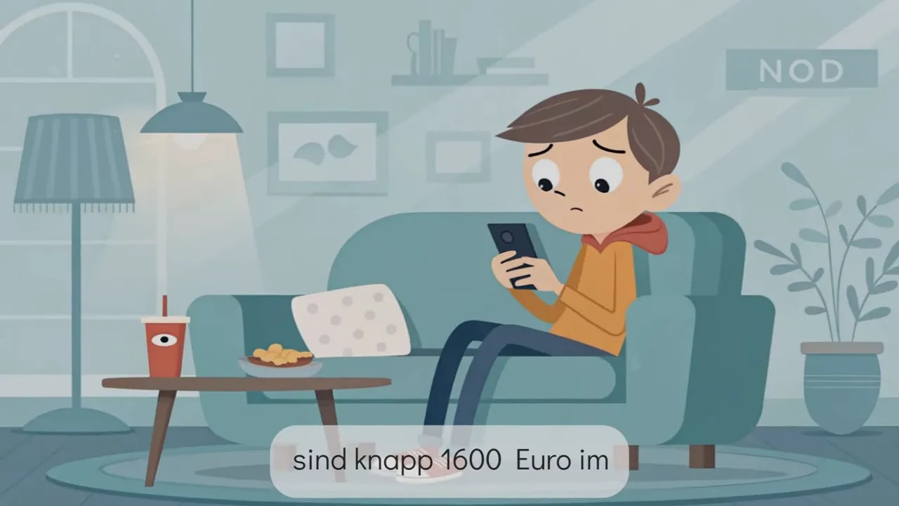 Sofa-Szene mit Fastfood-Teller und Getr&auml;nk, Person schaut aufs Smartphone