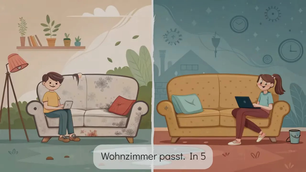 Geteilte Illustration: linkes Sofa durchgesessen und fleckig, rechtes Sofa neu und gepflegt, zwei Personen sitzen jeweils darauf