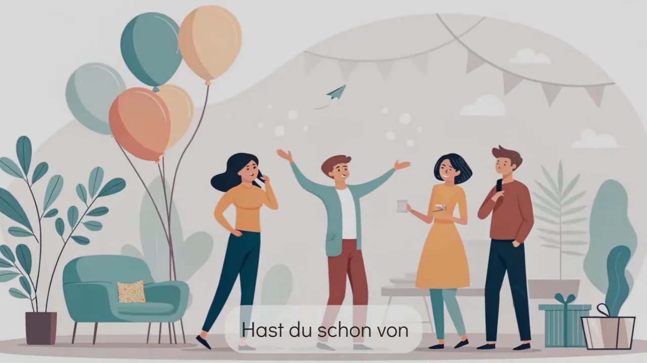 Illustration: Vier Personen im Gespräch, eine beginnt zu fragen 'Hast du schon von...', klare, helle Szene