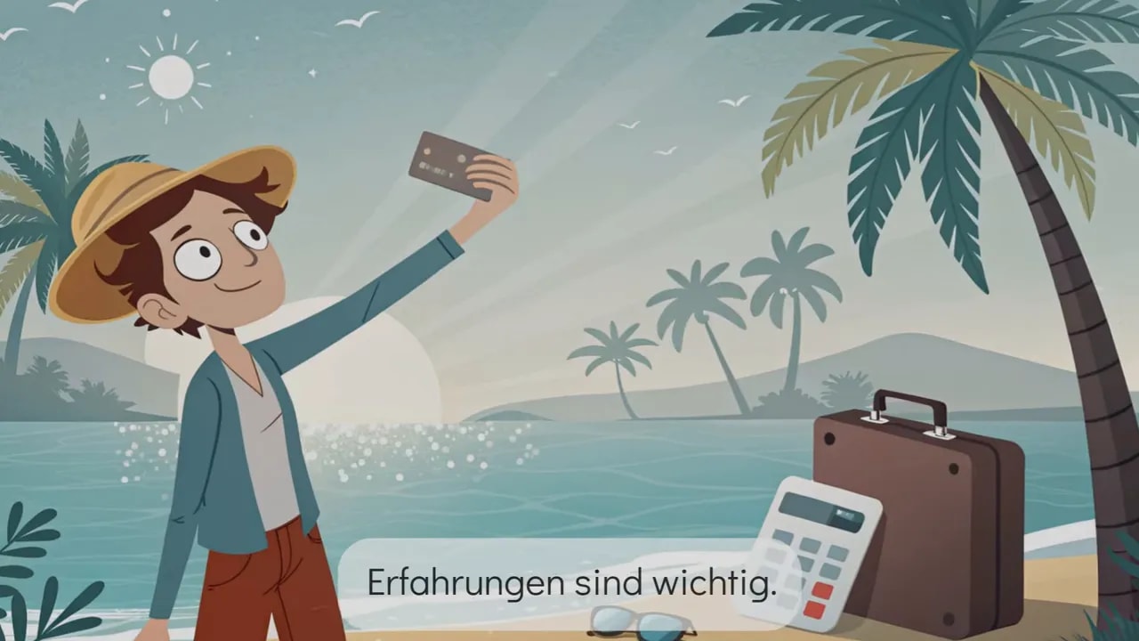 Person h&auml;lt Kreditkarte beim Selfie am Strand; Koffer und Taschenrechner im Sand sichtbar