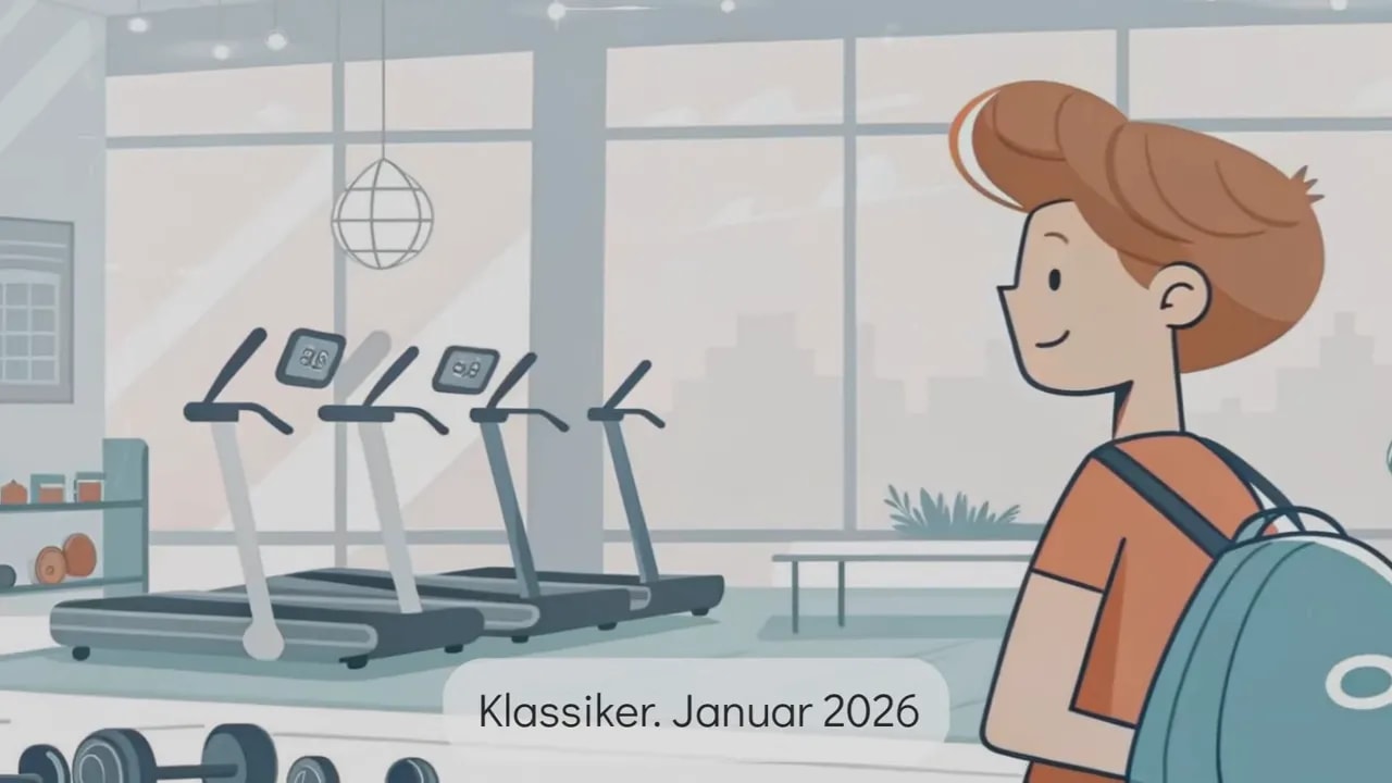 Illustration eines Fitnessstudios mit mehreren Laufb&auml;ndern und einer Person mit Rucksack am Eingang