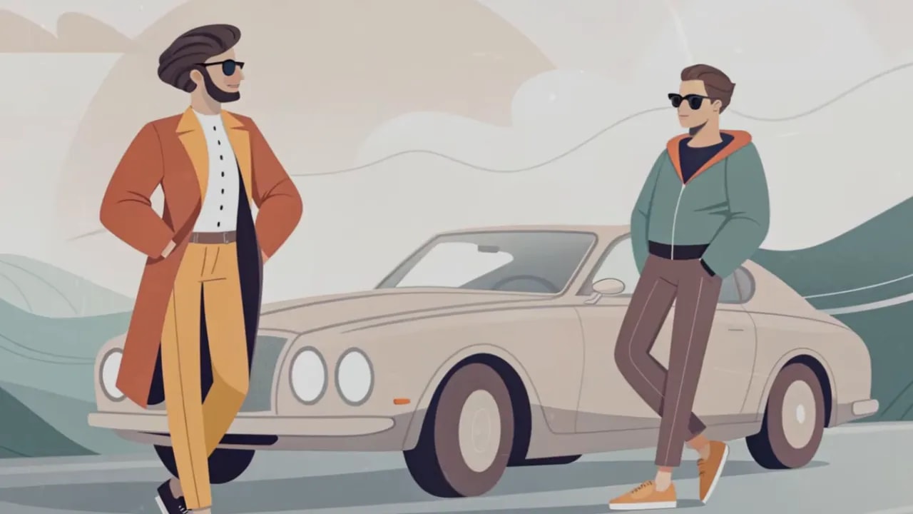 Illustration: zwei modische Personen lehnen an einem Luxusauto