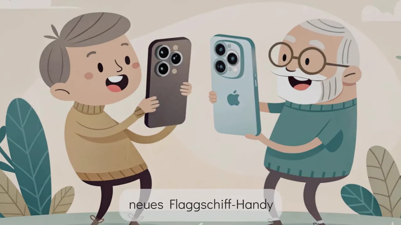 Illustration: Zwei Personen halten jeweils ein gro&szlig;es Smartphone, symbolisch f&uuml;r j&auml;hrliche Tech‑Upgrades