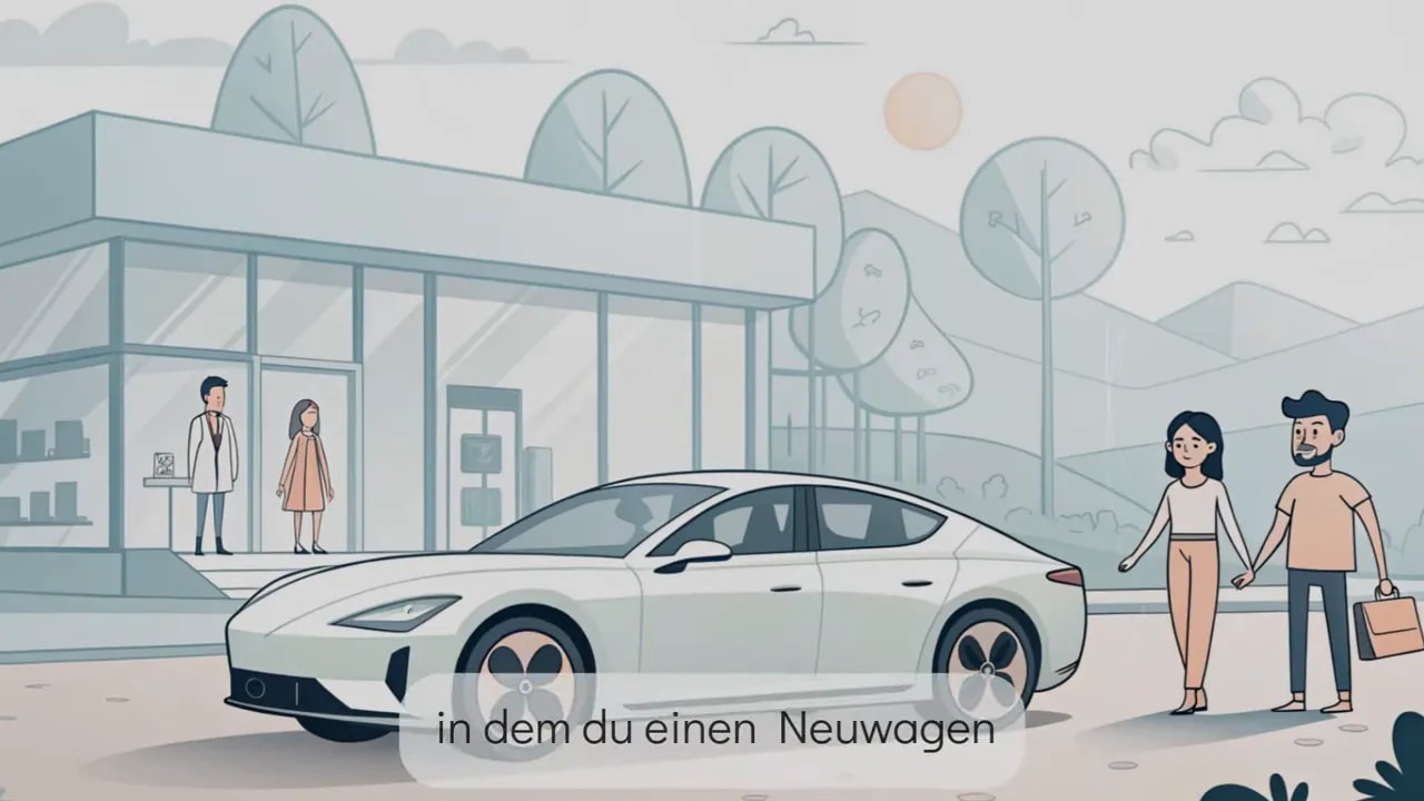 Paar betrachtet einen Neuwagen vor einem Autohaus mit Einblendung zum Neuwagen-Thema
