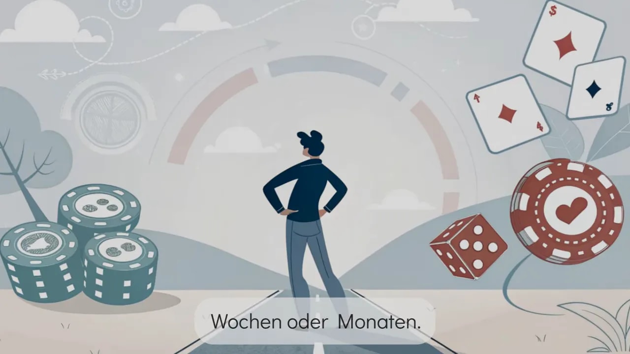 Illustration: Person auf einem Weg zwischen Casino‑Symbolen mit Untertitel 'Wochen oder Monaten.'