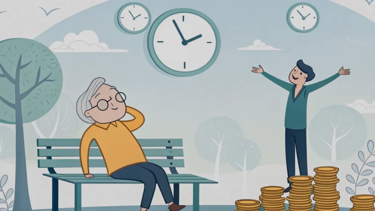 Illustration: entspannte Person auf Parkbank unter einer großen Uhr, nebenstehende Person vor Münzstapeln — symbolisiert reich an Zeit