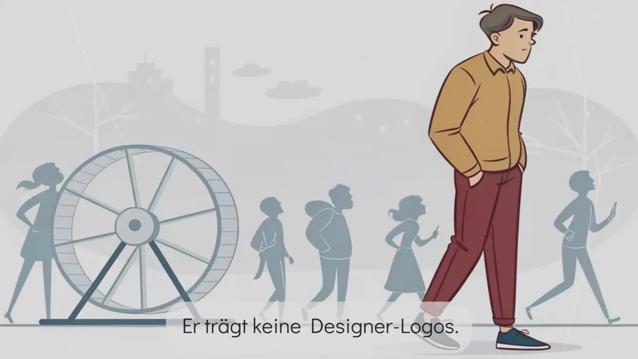 Illustration: unauff&auml;lliger Mann l&auml;uft vor einer Menschenmenge, tr&auml;gt keine Designer‑Logos