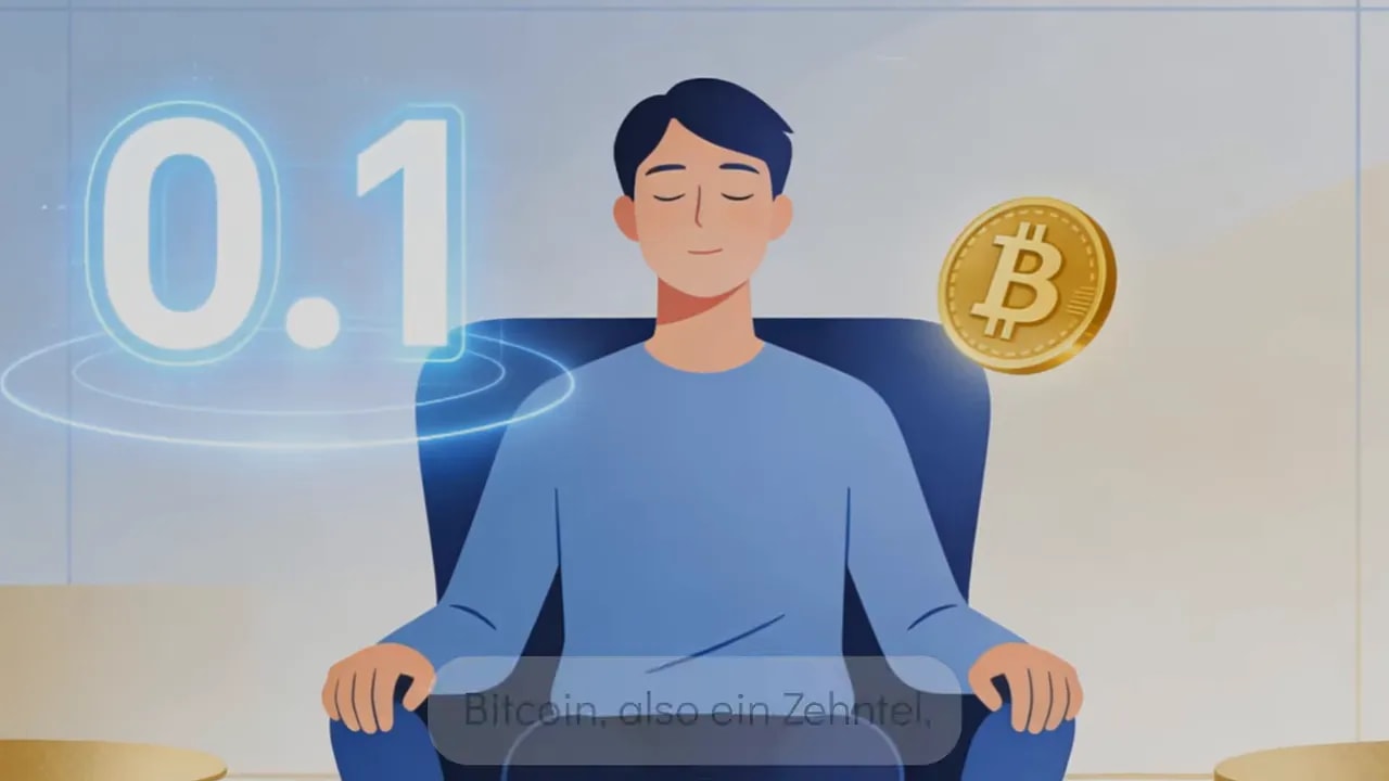 Illustration einer entspannten Person mit holografischer Anzeige '0.1' links und einer Bitcoin-M&uuml;nze rechts