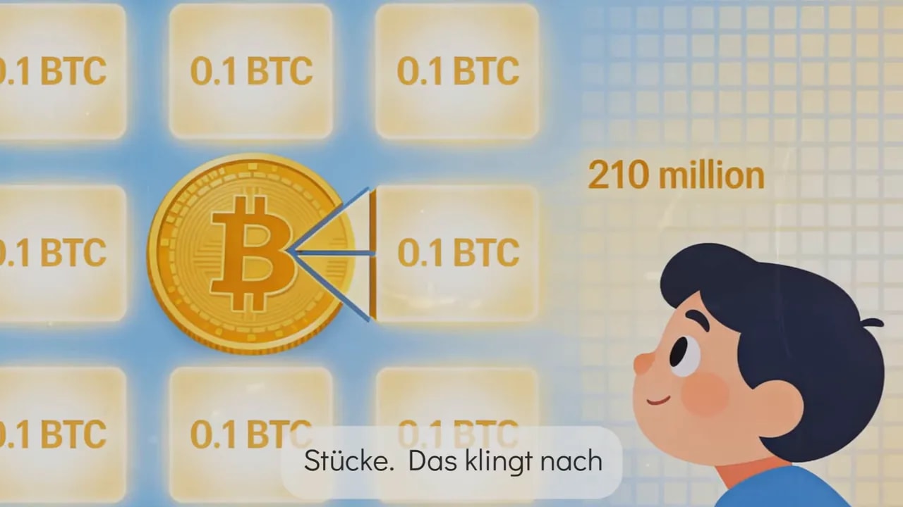 Grafik einer Bitcoin-Münze, Felder mit '0.1 BTC' und Text '210 million', Kind schaut nach rechts