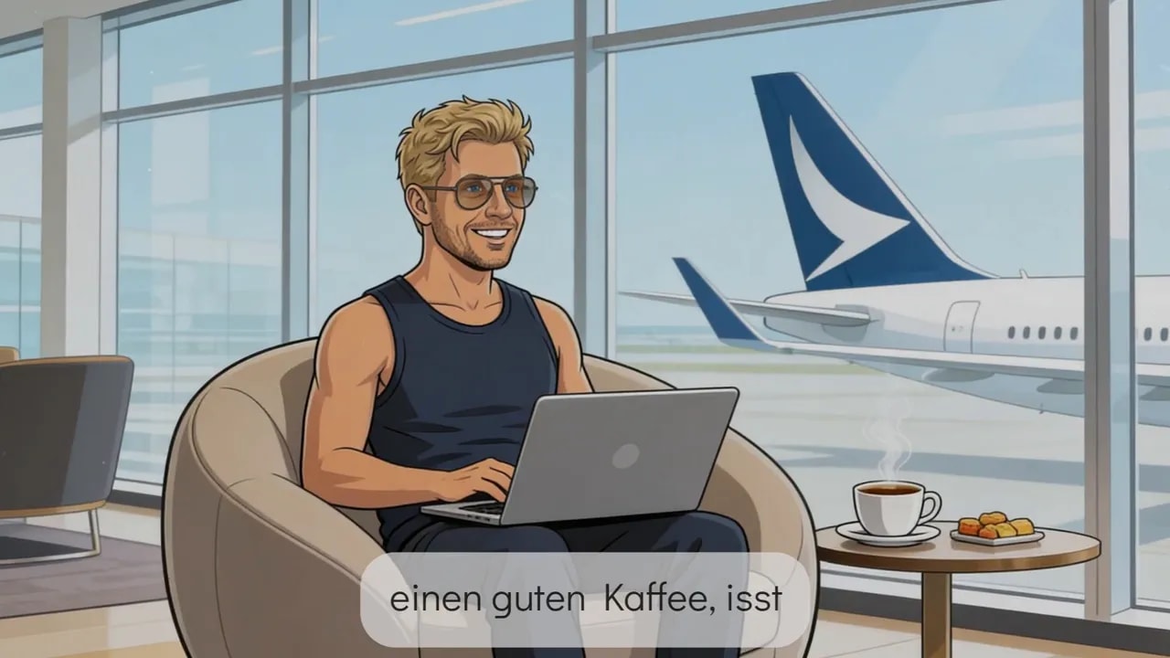 Illustration eines entspannten Reisenden mit Laptop in einer Flughafenlounge, Kaffee auf dem Tisch und Flugzeug am Fenster