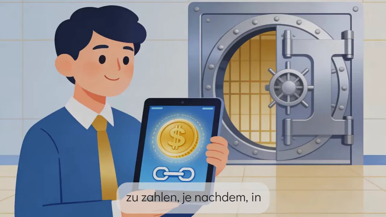 Illustration eines Mannes, der ein Tablet mit digitaler Münze zeigt, vor einem geöffneten Tresor