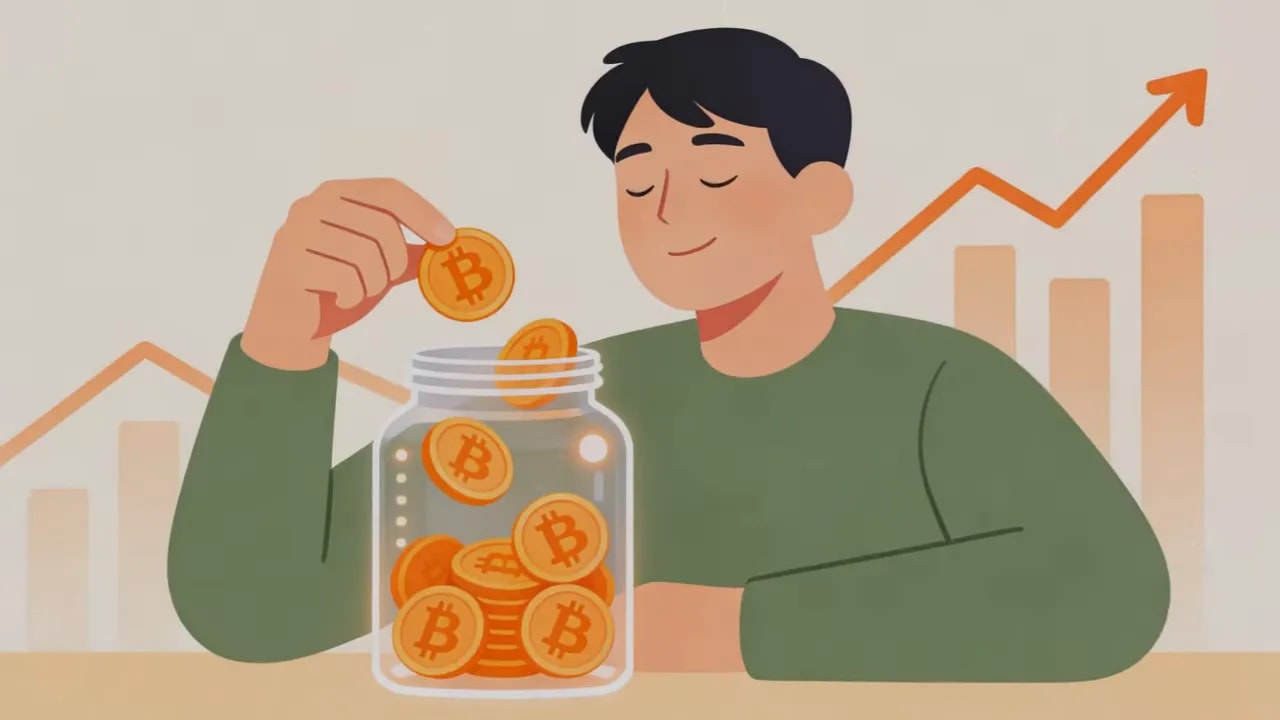 Person legt Bitcoin‑Münzen in ein Einmachglas; im Hintergrund ein aufsteigendes Balkendiagramm