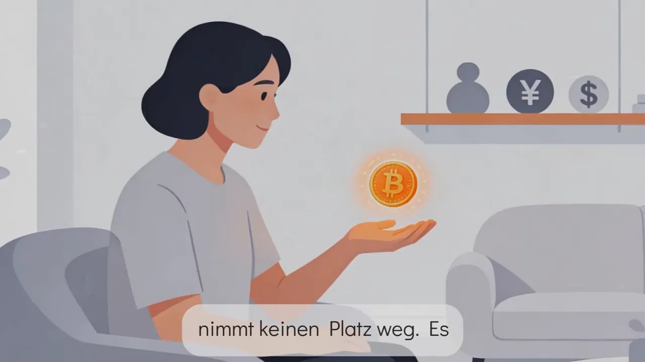 Illustration einer Person, die eine schwebende Bitcoin‑Münze über der Hand hält; Wohnzimmer im Hintergrund.