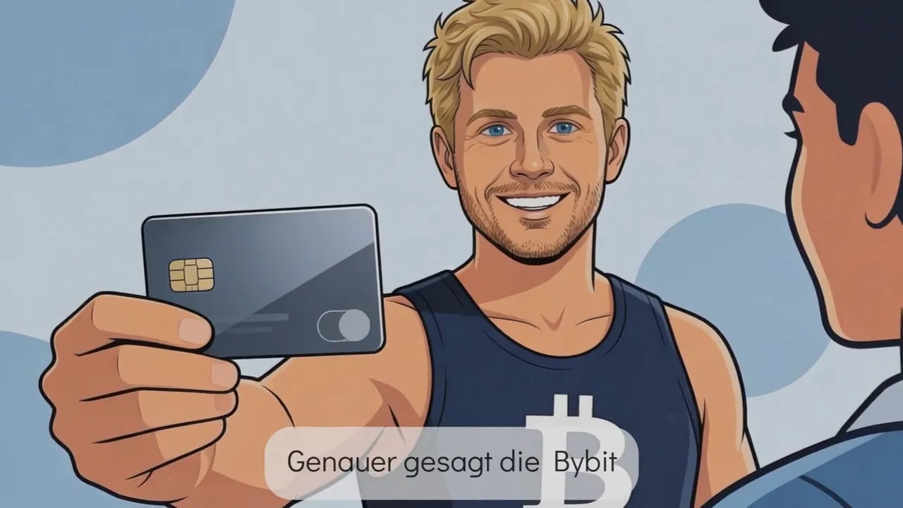 Illustration eines Mannes, der eine Debitkarte in die Kamera hält