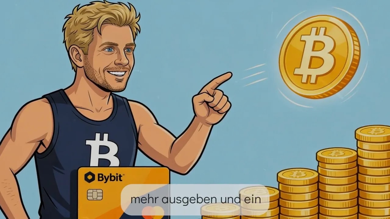 Illustration Mann mit Bybit-Karte zeigt auf gro&szlig;e Bitcoin-M&uuml;nze neben M&uuml;nzstapeln