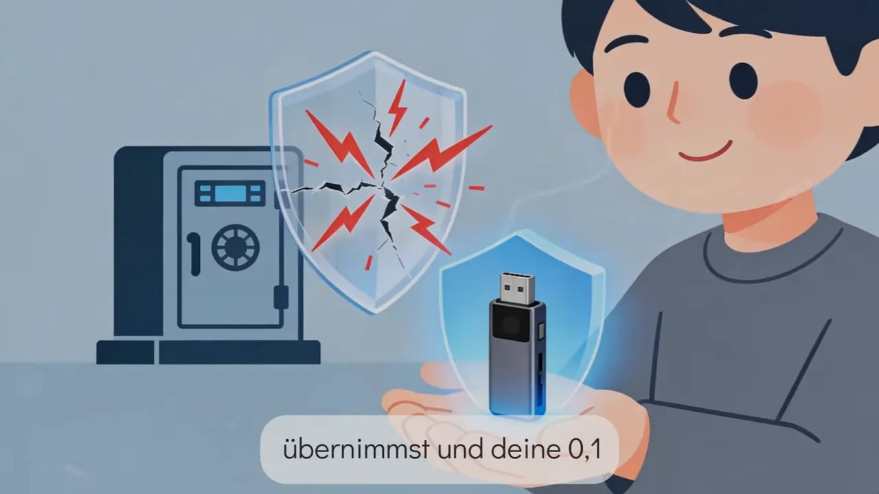 Illustration: Person hält eine USB‑Hardware‑Wallet; im Hintergrund ein Safe und Schutzschilde