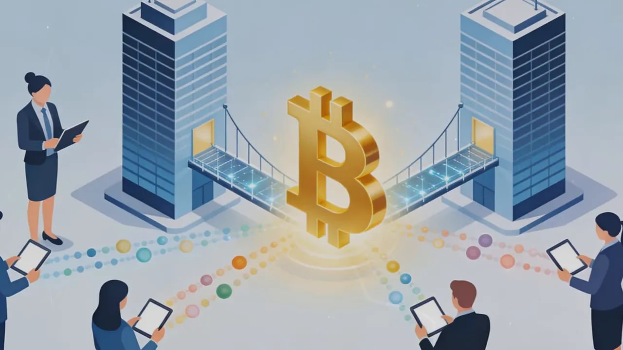 Goldenes Bitcoin-Symbol zwischen zwei Hochhäusern, umgeben von Geschäftspersonen mit Tablets