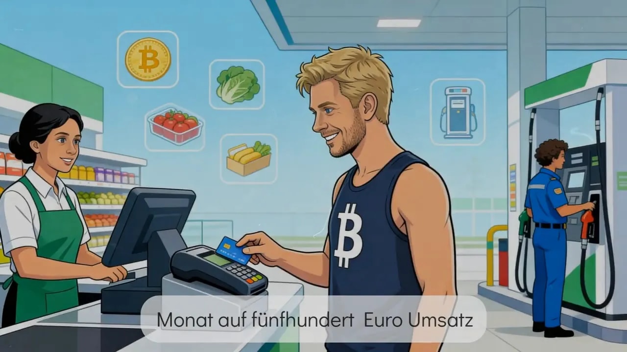 Mann bezahlt kontaktlos an der Supermarktkasse, Bitcoin‑Symbol und Zapfs&auml;ule im Hintergrund