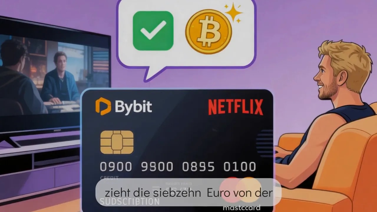 Nahaufnahme einer Bybit-Debitkarte mit Netflix-Schriftzug und Person im Hintergrund
