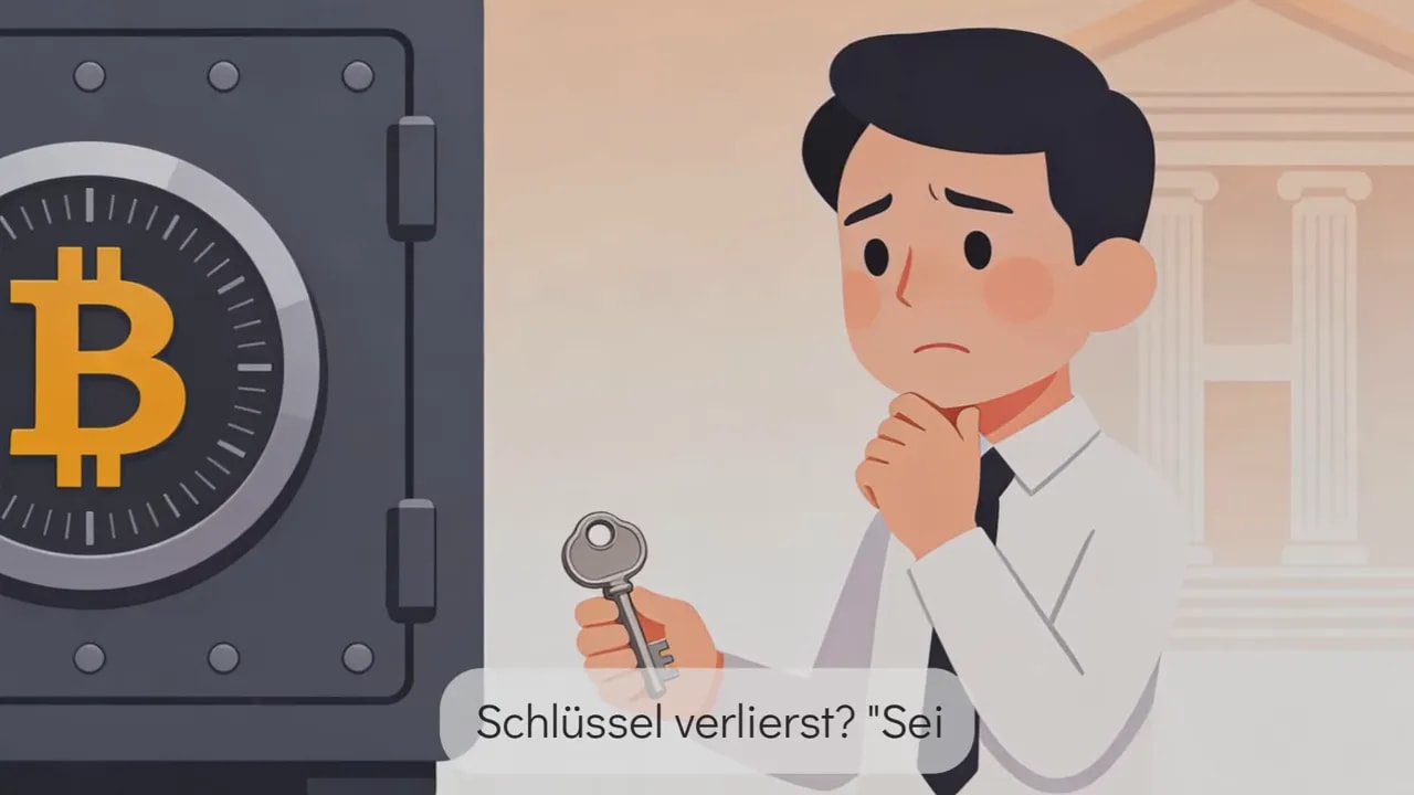 Besorgter Mann hält Schlüssel neben Tresor mit Bitcoin‑Symbol