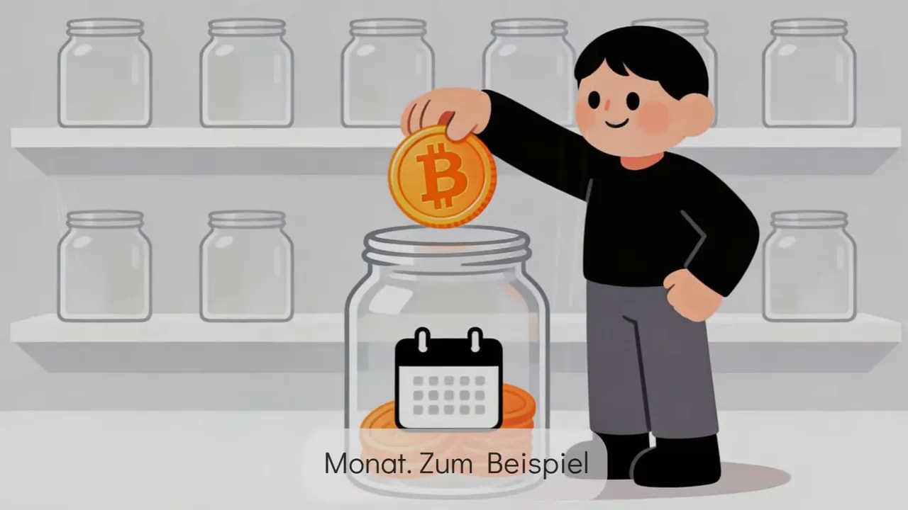 Illustration: Person legt Bitcoin‑Münze in Einmachglas mit aufgedrucktem Kalender – Symbol für regelmäßige Sparraten