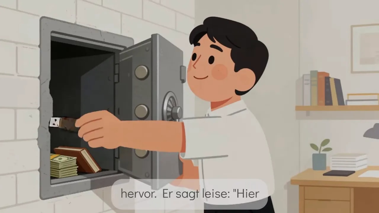 Hand, die einen alten USB‑Stick in einen offenen Wandtresor mit Geldb&uuml;ndeln legt.