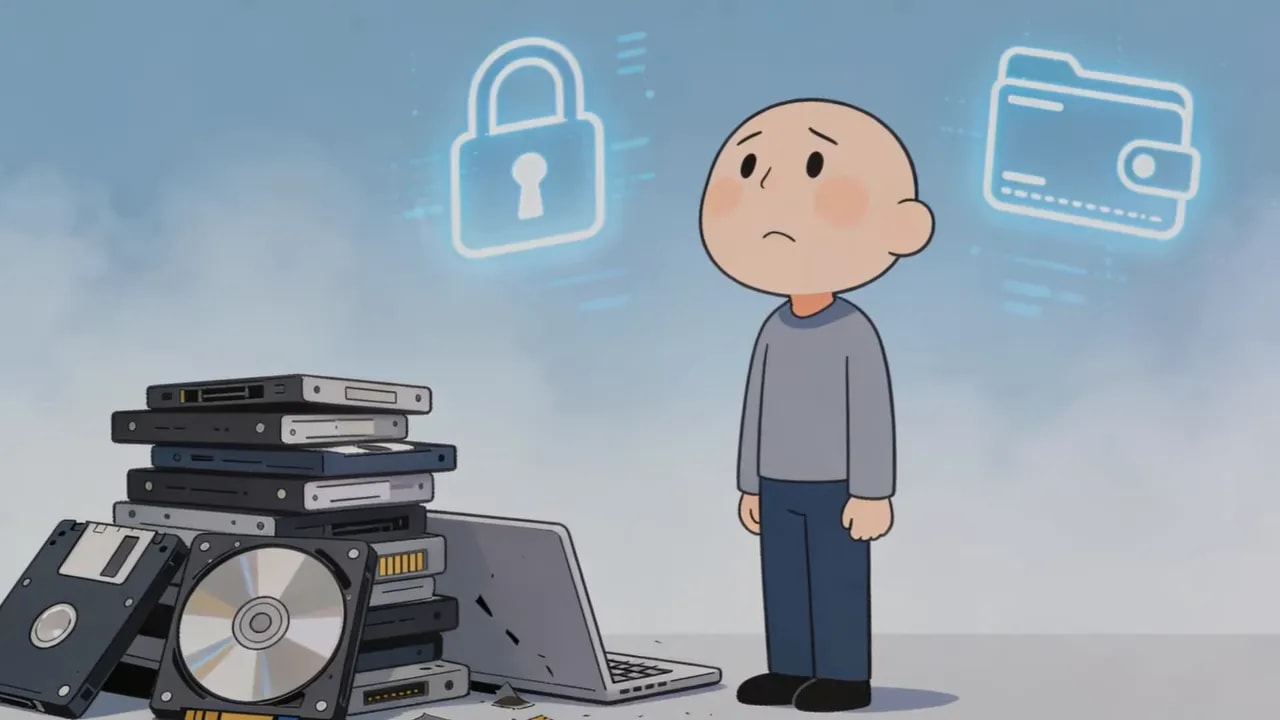 Stapel defekter Festplatten, CDs und ein offenes Laptop mit cartoonhaftem Nutzer im Vordergrund