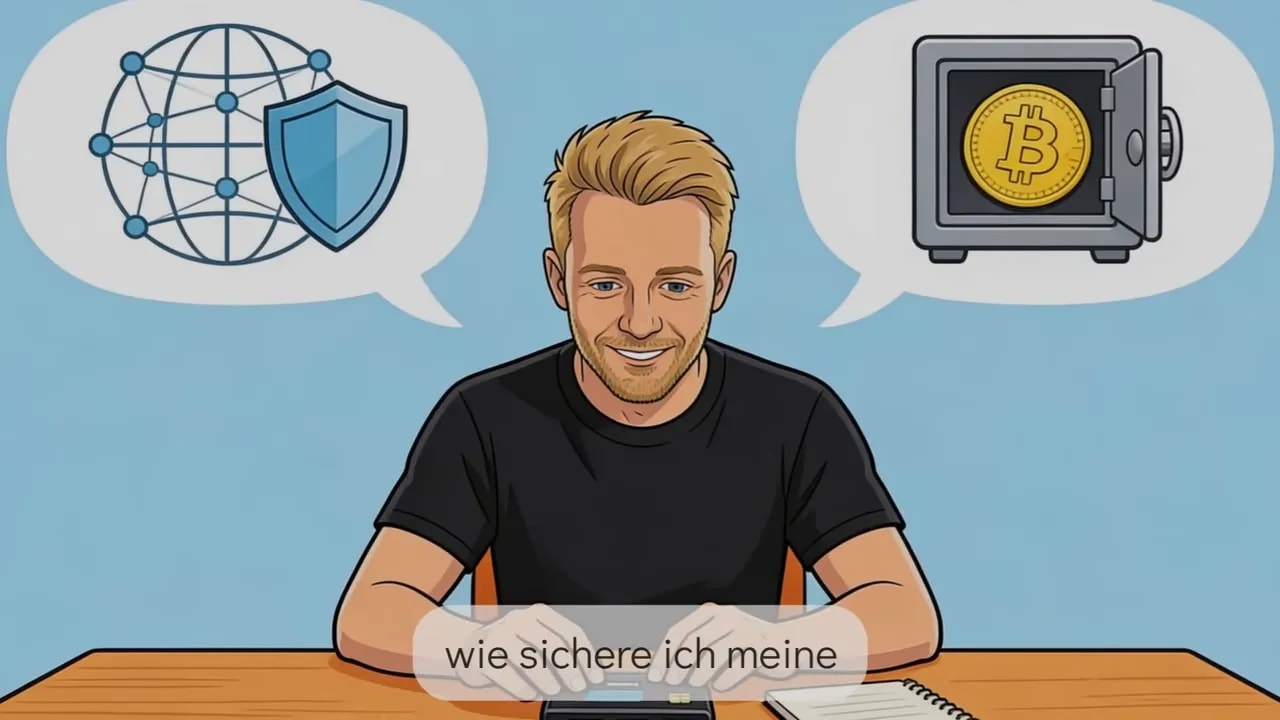 Illustration: Sprecher mit Bitcoin-Schutzschild und Wallet-Visuals zu Schl&uuml;ssel-Sicherheit und Eigenverwahrung