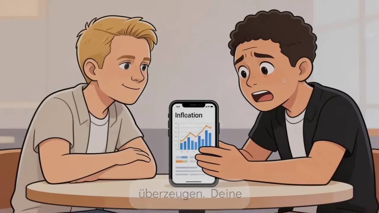 Illustration zweier Personen beim Gespr&auml;ch mit Smartphone-Chart und dem Thema Inflation