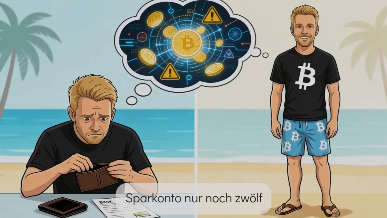 Illustration von zwei M&auml;nnern, darunter ein Mann mit Bitcoin-T-Shirt, mit einem Gedanken-Symbol zu einem Sparkonto