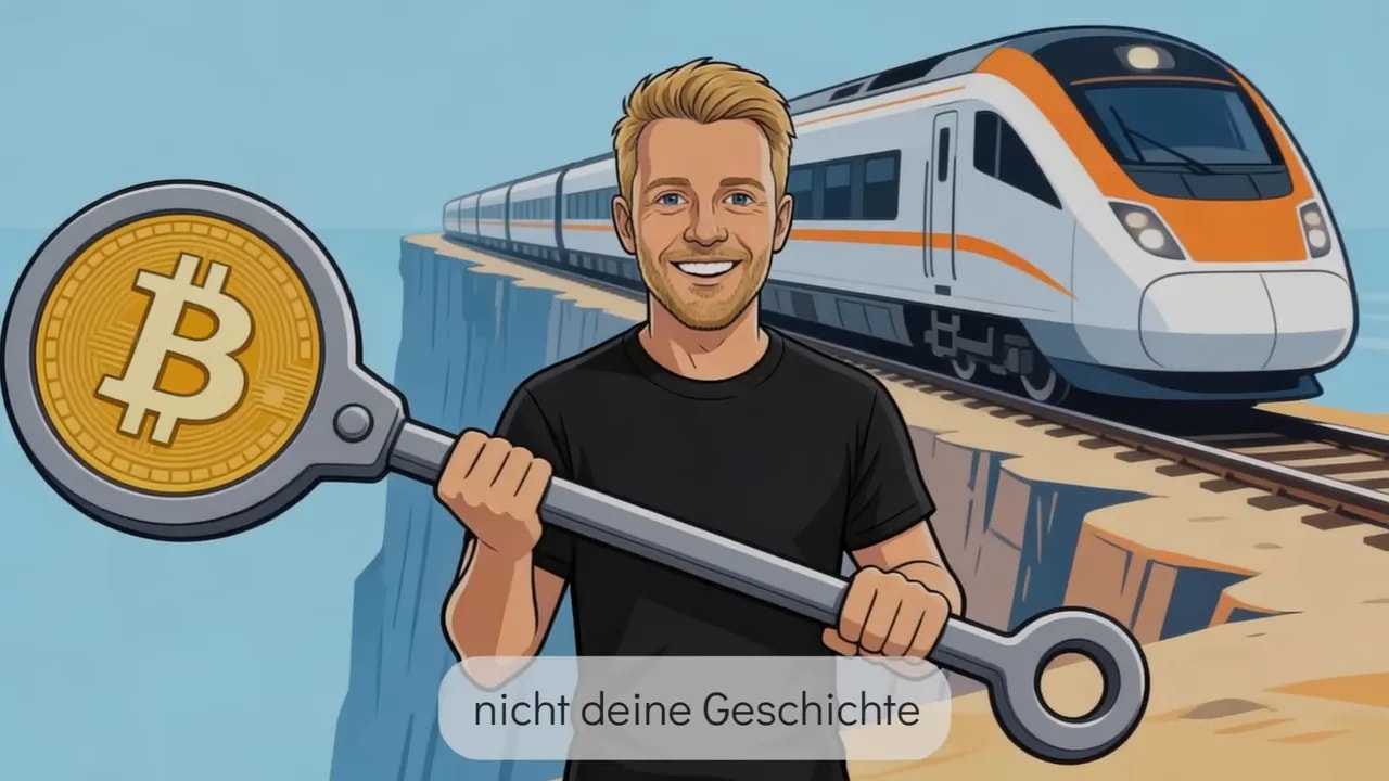 Klare Illustration: Person h&auml;lt einen gro&szlig;en metallischen Schl&uuml;ssel mit Bitcoin‑M&uuml;nze; ein Zug f&auml;hrt auf Gleisen dicht am Abgrund vorbei