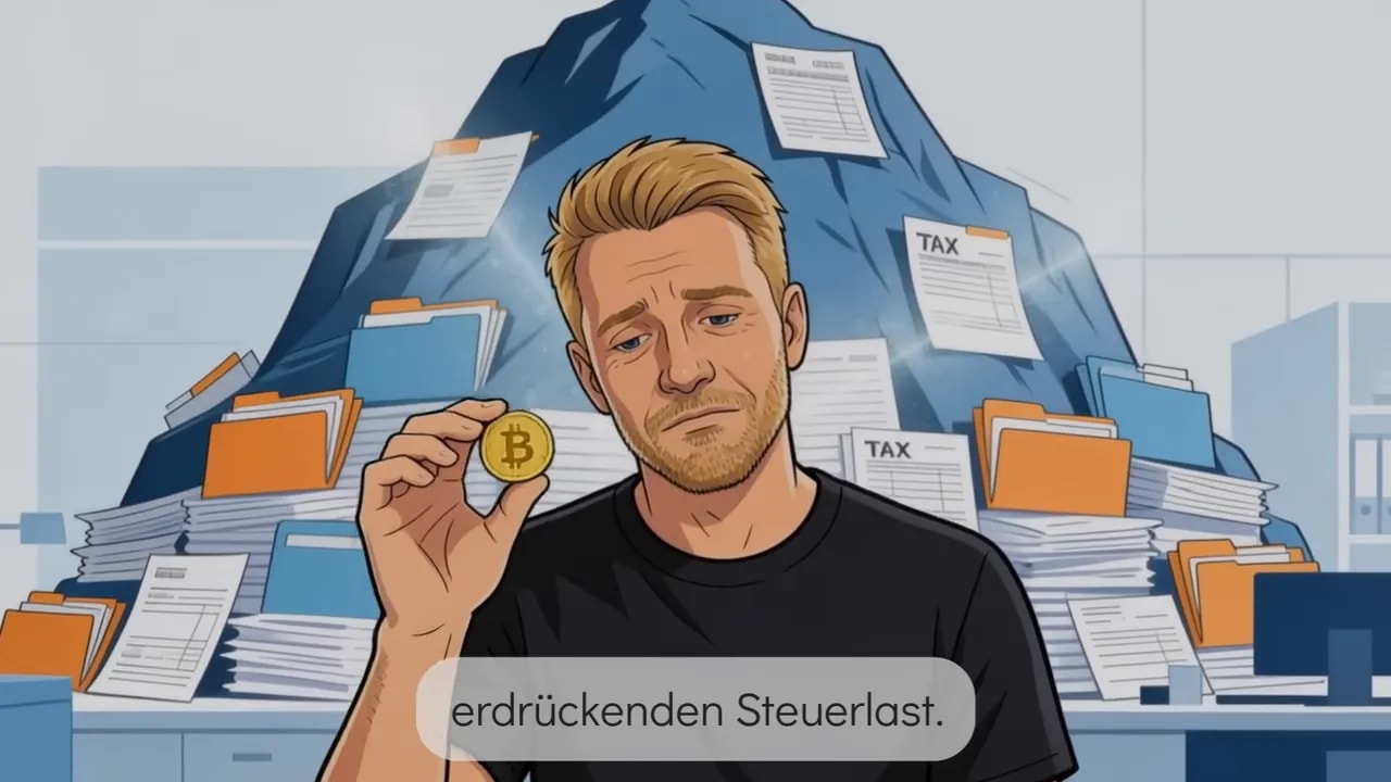Illustration: Nachdenkliche Person h&auml;lt eine Bitcoin‑M&uuml;nze vor einem Berg von Steuerunterlagen (Papiere mit 'TAX').