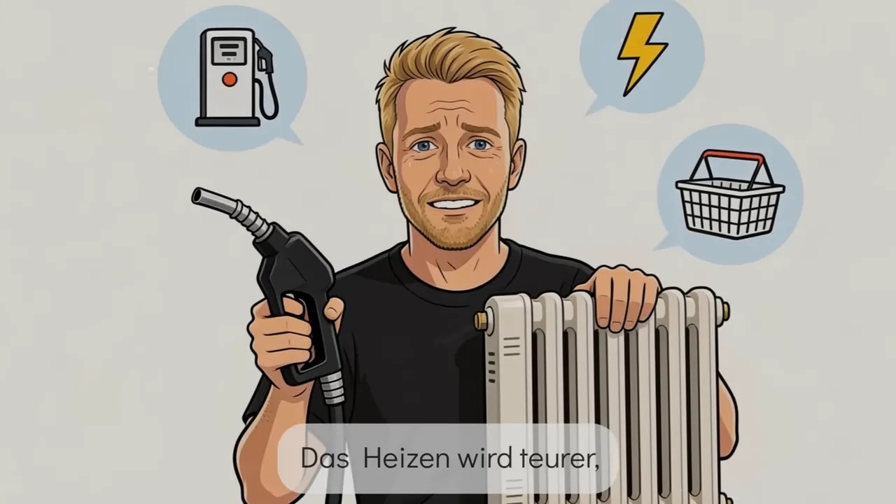 Cartoon: Mann h&auml;lt Heizk&ouml;rper und Benzinpistole, Sprechblasen mit Zapfs&auml;ule, Blitz und Einkaufswagen