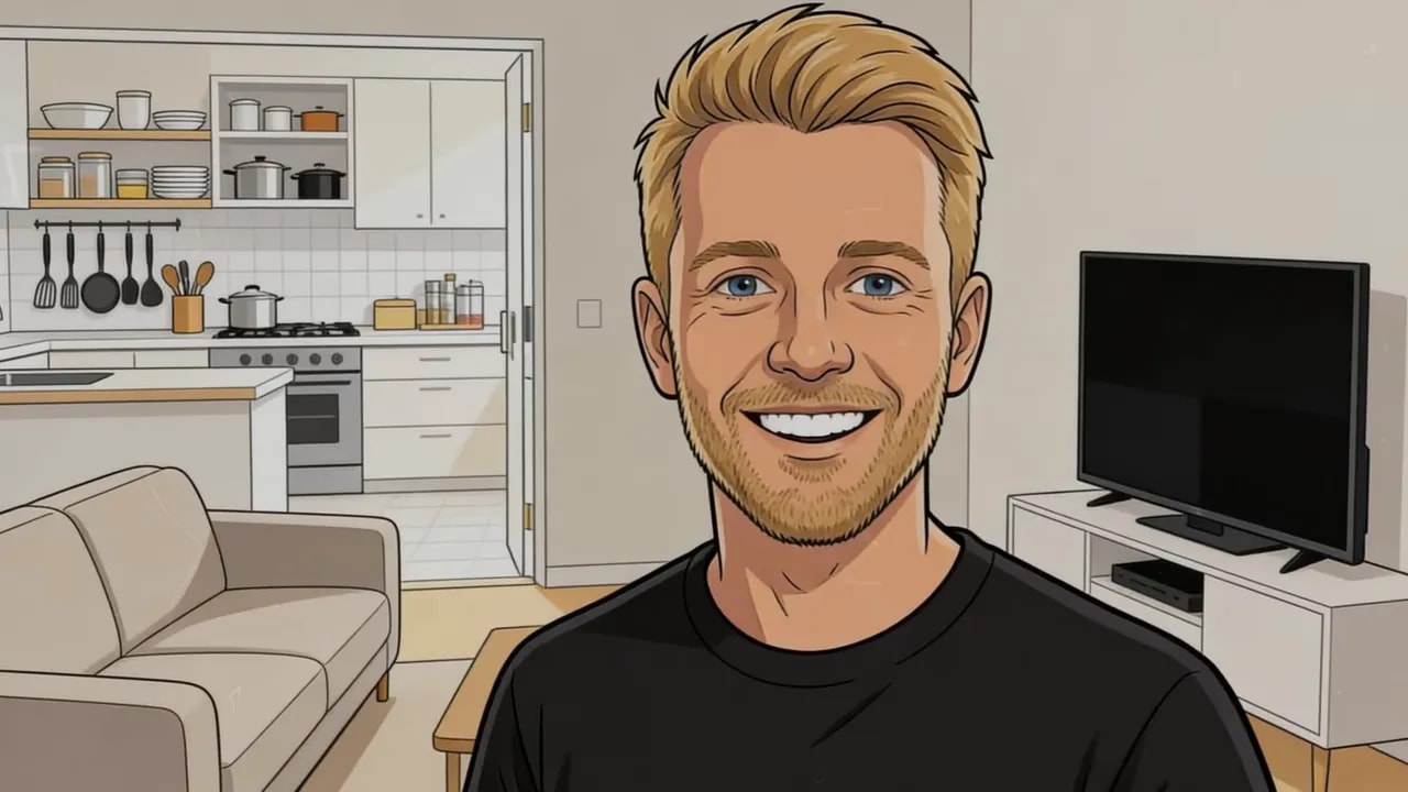 Helle, minimal eingerichtete Wohnung mit Sofa, Fernseher und Blick in die K&uuml;che, symbolisiert minimalistischen Lebensstil.