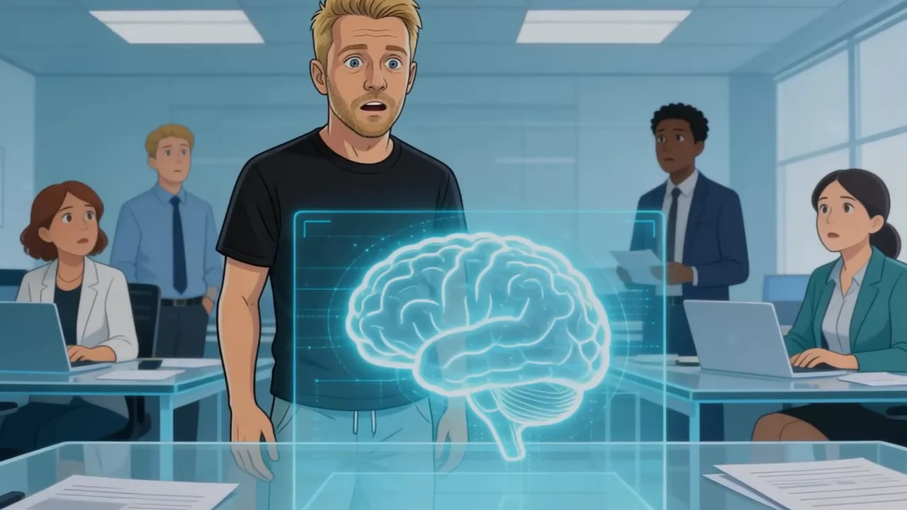 Illustration eines &uuml;berraschten Mannes vor einem holografischen Gehirn in einem B&uuml;ro, Kollegen im Hintergrund