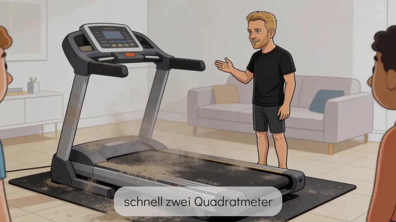 Cartoon: verstaubtes Laufband im Wohnzimmer, deutlich Platz einnehmend
