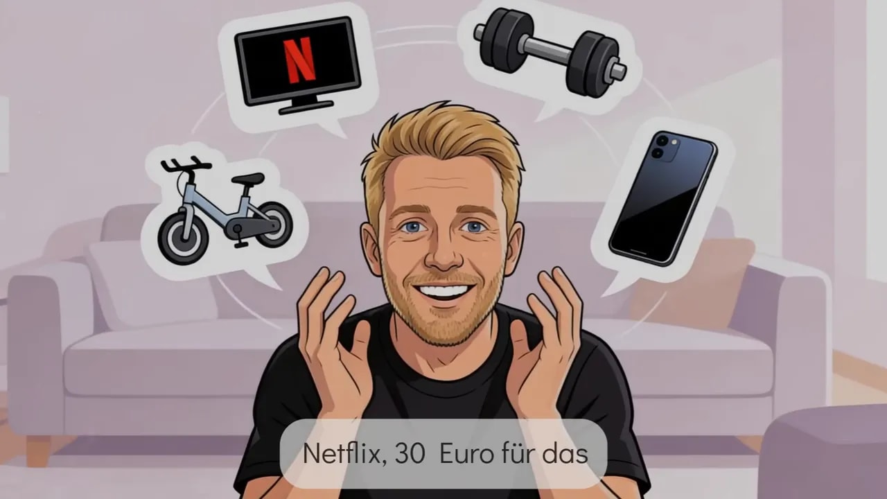Mann mit Sprechblasen f&uuml;r Netflix, E‑Bike, Smartphone und Hanteln &ndash; visuelle Darstellung typischer monatlicher Kosten