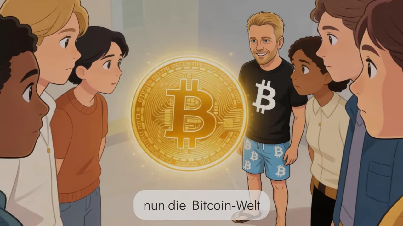 Illustration mit Gruppe rund um einen Bitcoin-Coin und eingeblendeter Textfolie „nun die Bitcoin-Welt“