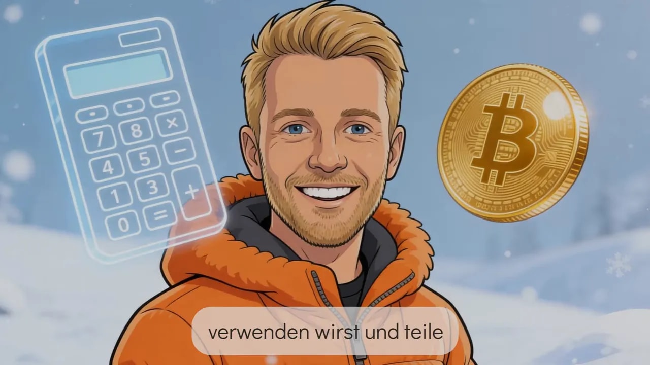 Illustration eines Mannes mit Taschenrechner-Icon und Bitcoin-M&uuml;nze